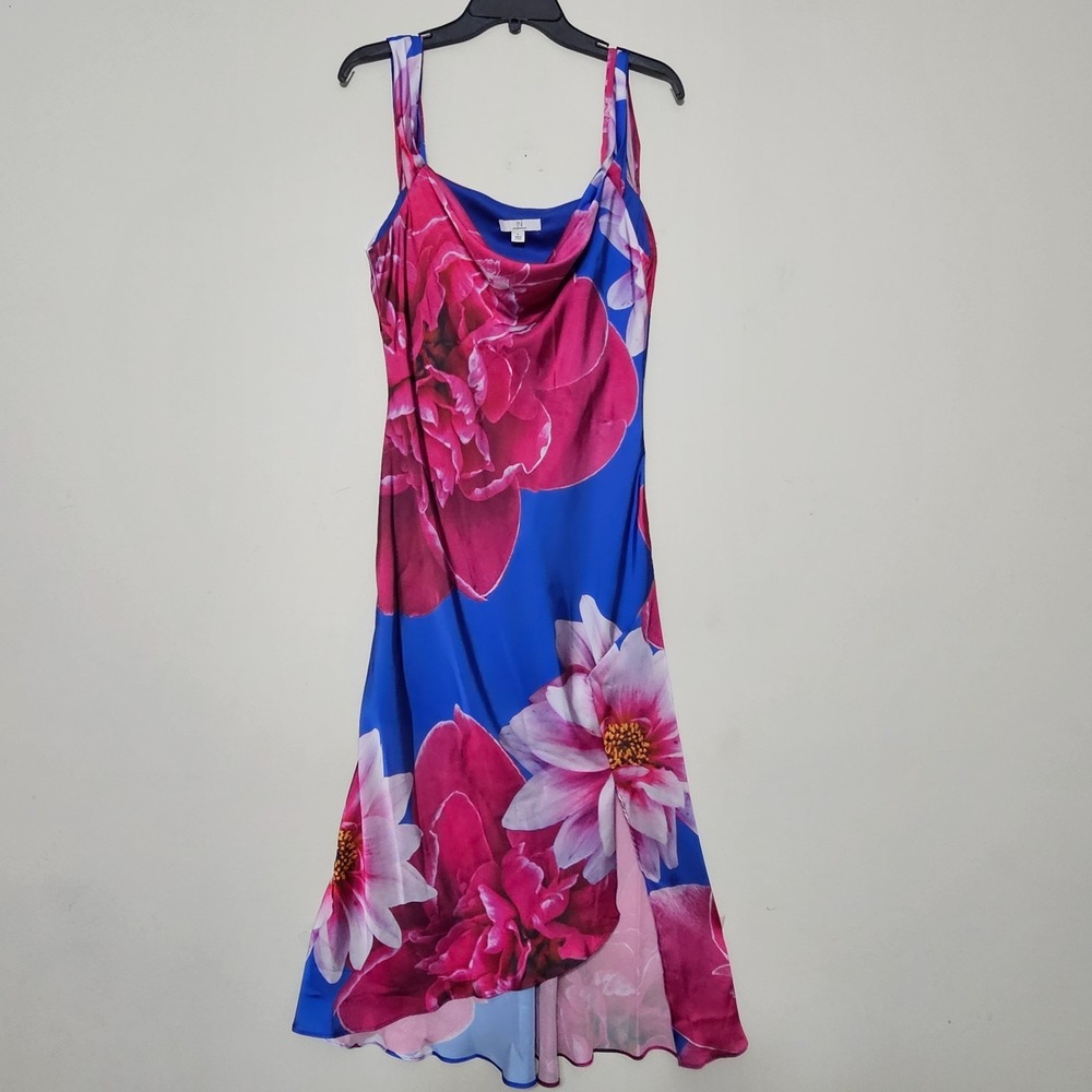 IN Womens Dress Slip XL Blue Pink Floral Sleeveless Cowl Neck Front Slit 0827